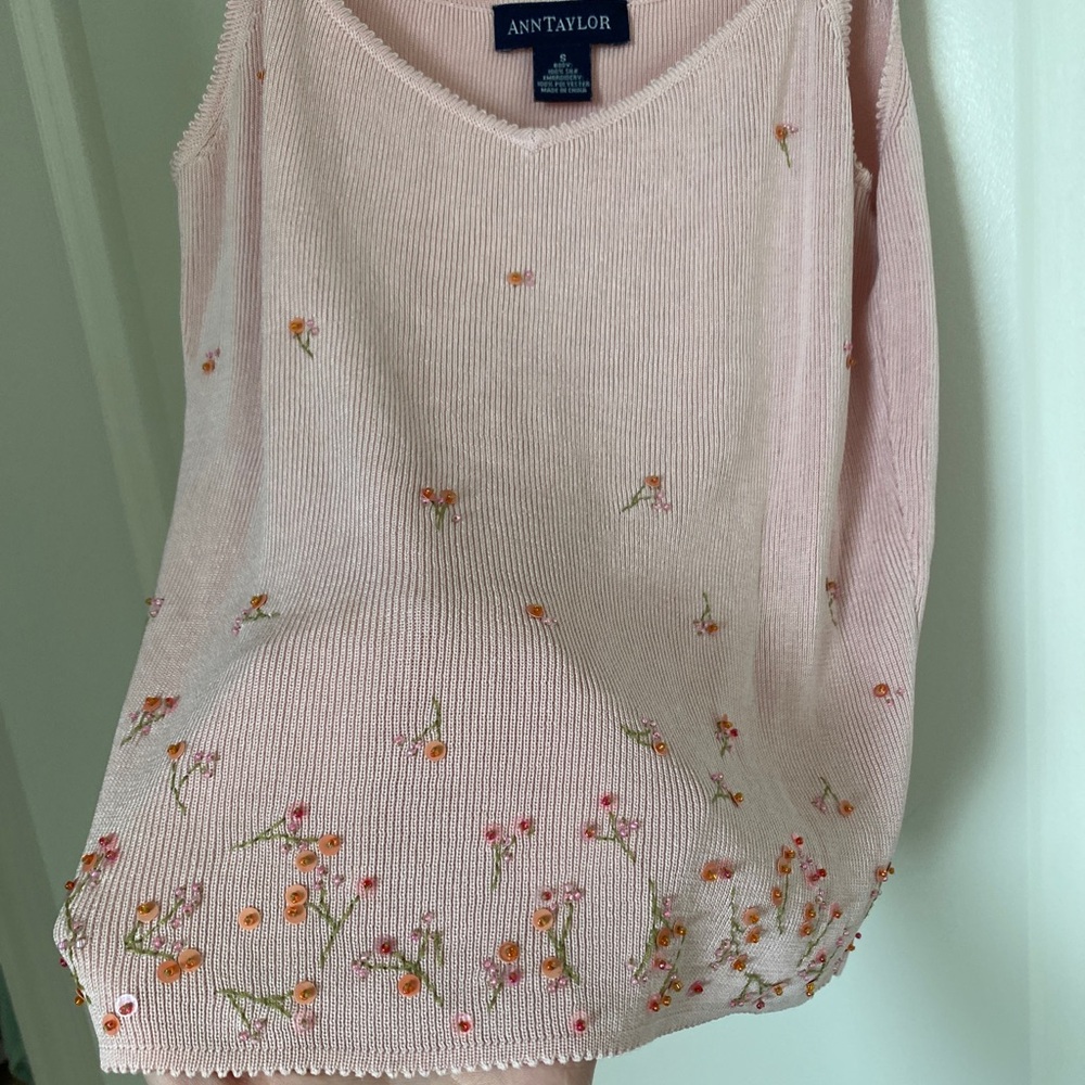 Vintage Y2K Coquette Pink Silk Knit Sequin Embroidered Tank Top Cami Ann Taylor - Picture 4 of 13